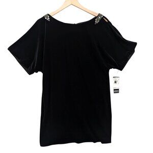 Adrianna Papell Evening Mini Cocktail Dress Black Velvet Cold Shoulder Size 6
